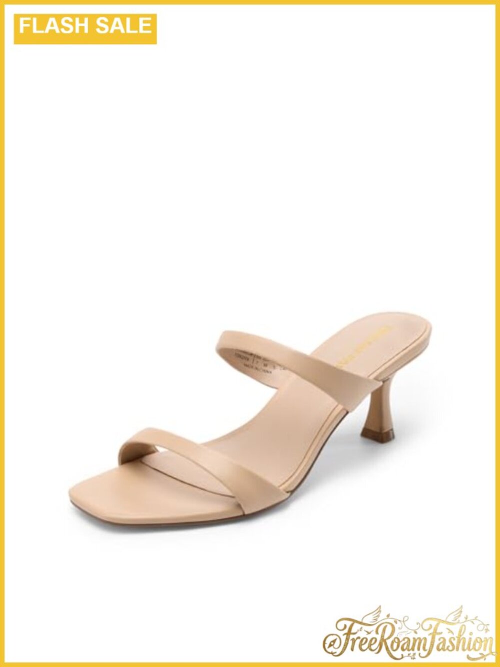 Faux Leather Two Strap Kitten Heel Square Toe Slip On Dress Sandals